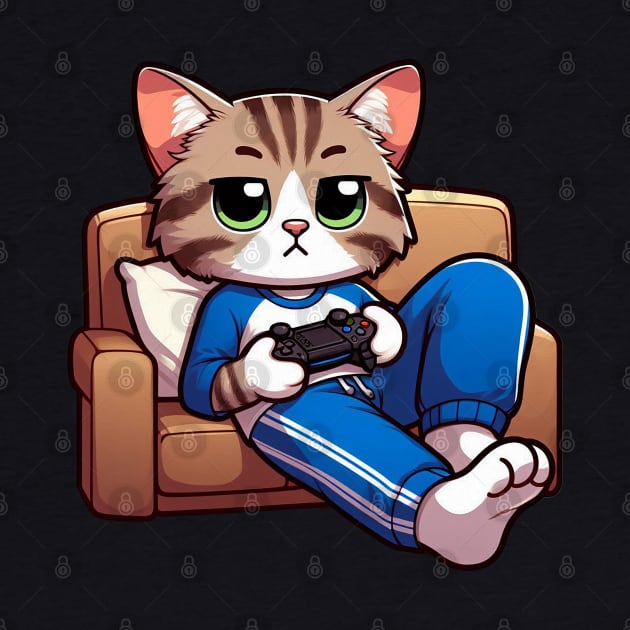 Tabby Cat Playing Game Relaxing Comfy Sofa by Plushism